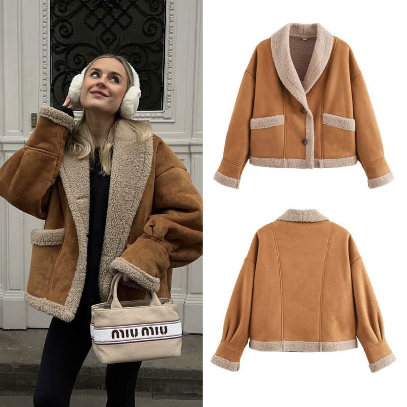 Cross-border Trade European and American Women's Fashion 2026 Autumn/Winter New Wool Coat with Turn-down Collar, Loose Fit, Fur-lined