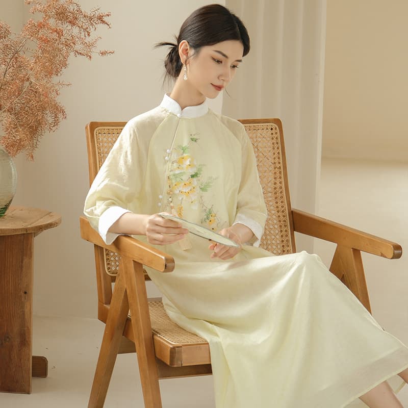 Qing Shuzhai 2023 Women's Zen Tea Dress New Chinese Style National Style Retro Hand-painted Printed Skirt Casual Mid-Length Skirt