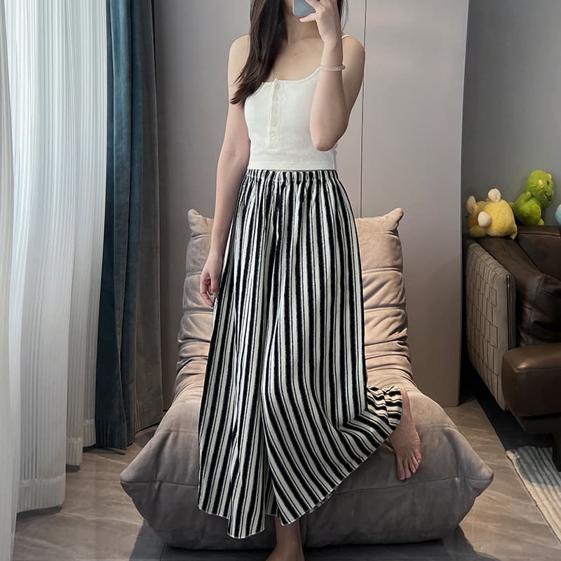 Custom Cross-Border Cotton Silk Sleep Pants for Women, Thin, High-End Printed, Wearable as Long Pants or Skirt Pants, Breathable Wide-Leg Pants