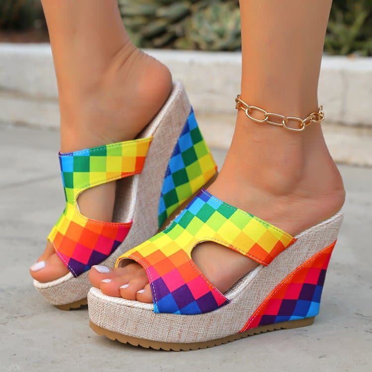 New Summer Colorful Printed Platform Wedge High Heel Peep Toe Beach Casual Vacation Sandals