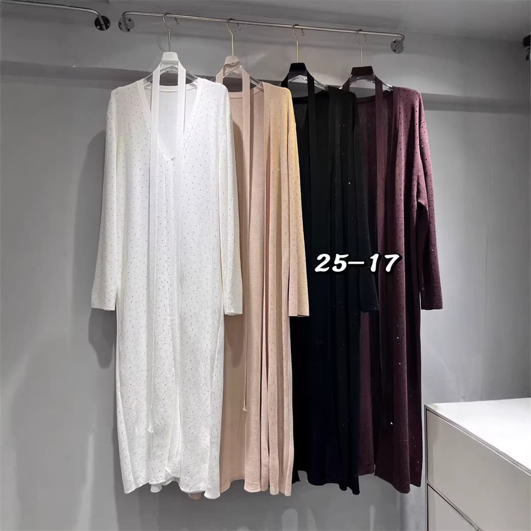 European and American Cross-Border Heavy-Duty Starry Rhinestone Extra-Long Knitted Cardigan Women's Spring New Loose Fit Tie-Waist Top