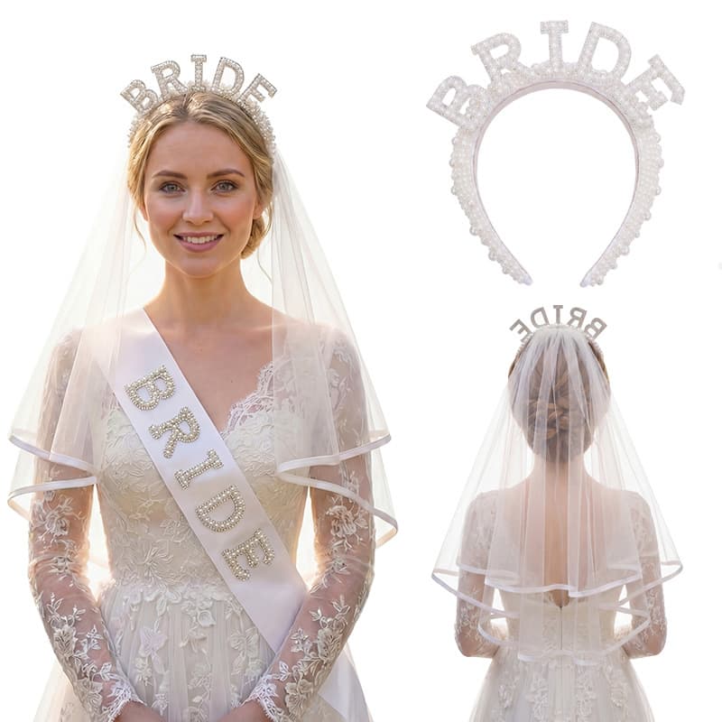Cross-border Bride Headpiece Pearl Headband Veil Bachelorette Party Crystal Shoulder Strap Wedding Ceremony Sash Set
