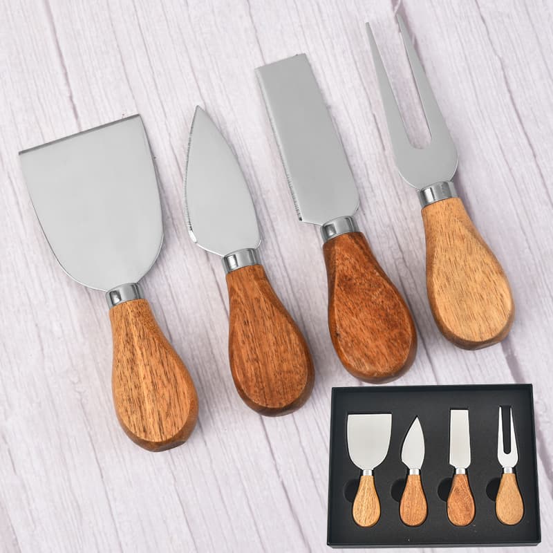 Stainless Steel Cheese Knife 4-Piece Set Oak Handle Pizza Cheese Knife Gift Box Set Baking Tool Factory Wholesale