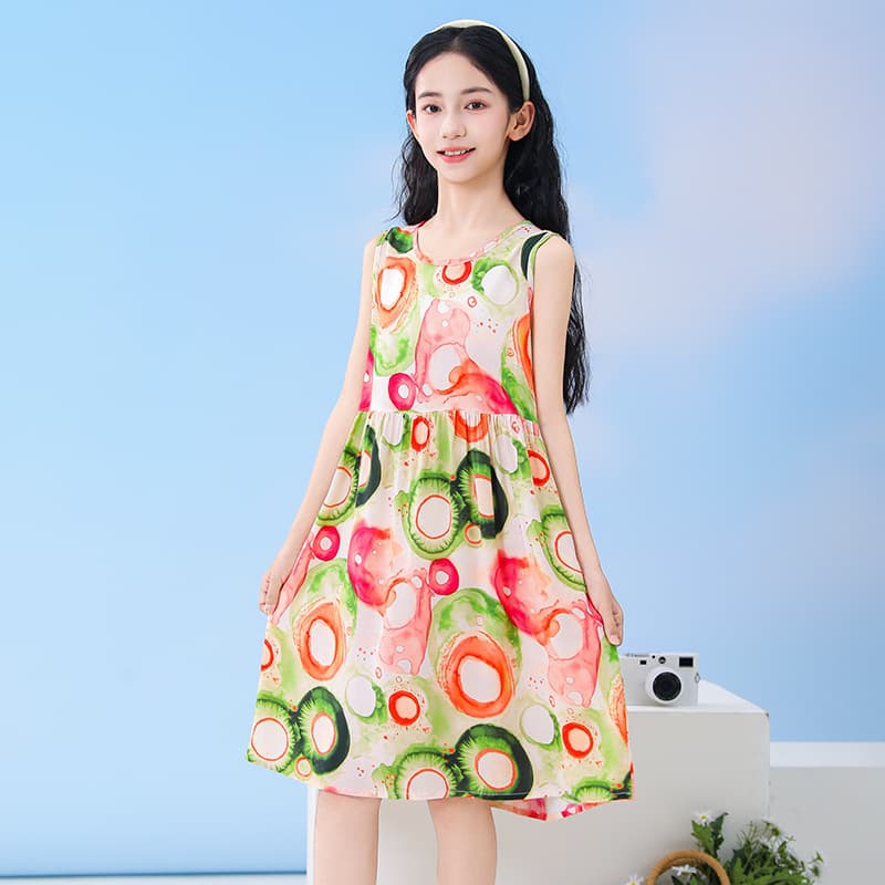 2025 Summer Girls Floral Print Dress Children Cotton Sleeveless Princess Dress Baby Rayon Cotton Dress
