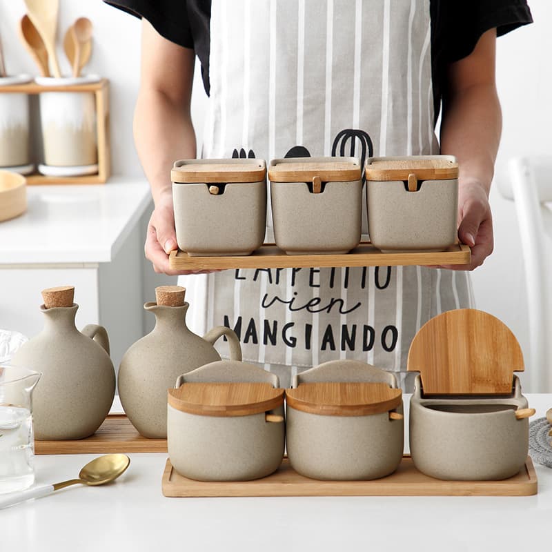 Kitchen Chicken Essence Salt MSG Spice Jar Seasoning Box Ceramic Flip-top Combination Set Commercial Hot Pot Restaurant Condiment Bottle Jar