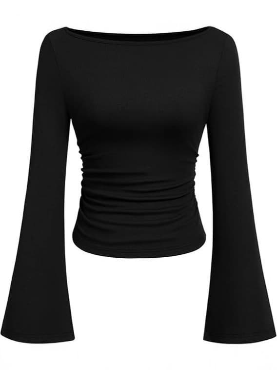 Western American Trendy Solid Color Boat Neck Flared Sleeve T-Shirt for Women 2025 Fall Slim Fit Pleated Figure-Flattering Long Sleeve Top