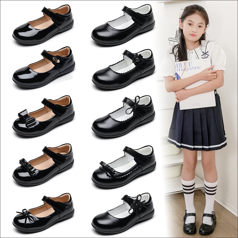 Girls' leather shoes, medium and large children's black loafers, formal floral shoes, school style, versatile Velcro shoes
