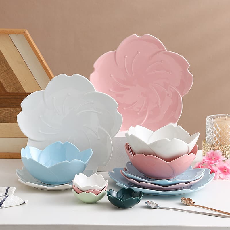 Cherry Blossom Ceramic Bowl Plate Dish Creative Embossed Glossy Glaze Salad Plate Seasoning Dish High Appearance Home Tableware