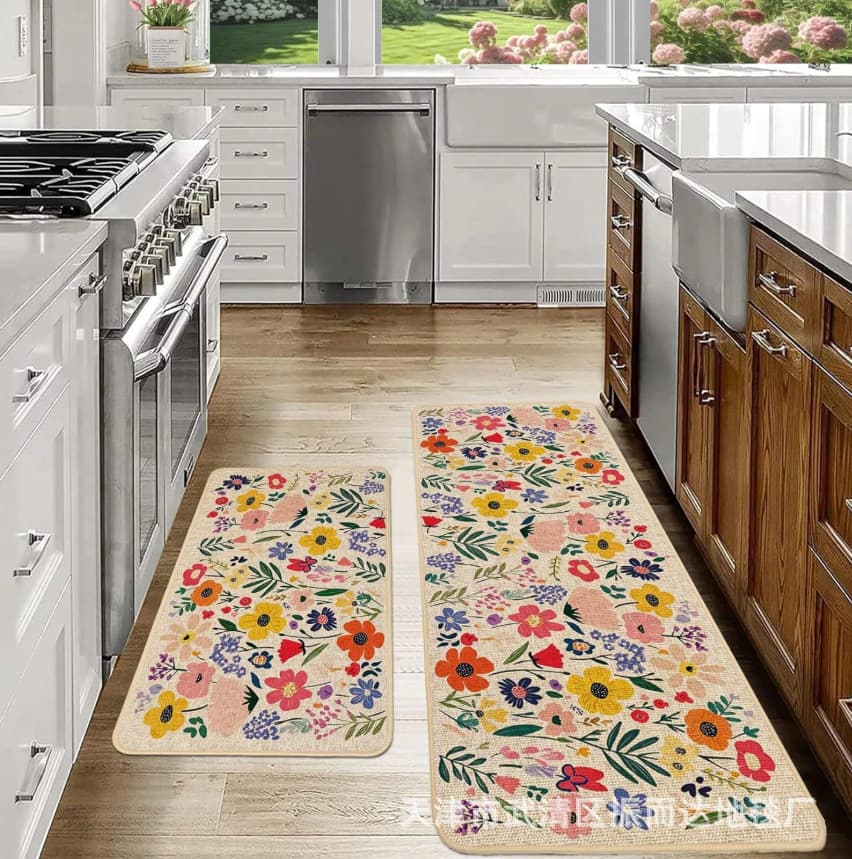 Kitchen Floor Mat Oil-Absorbent Water-Absorbent Mat 2-Piece Set, Dirt-Resistant Non-Slip Mat, Retro Botanical Floral Diatomite Floor Mat