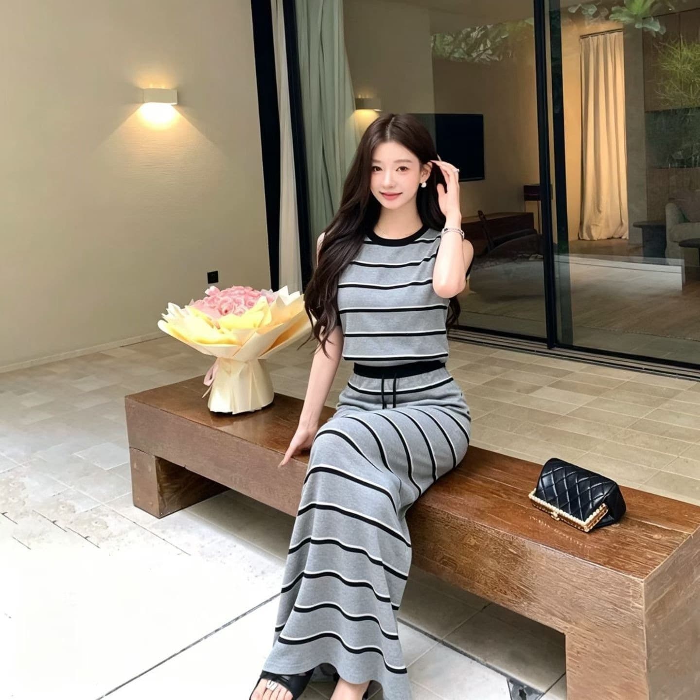 Thin Hot Girl Suit 2026 Summer New Sleeveless Knitted Vest Striped Elastic Skirt Temperament Two-piece Set