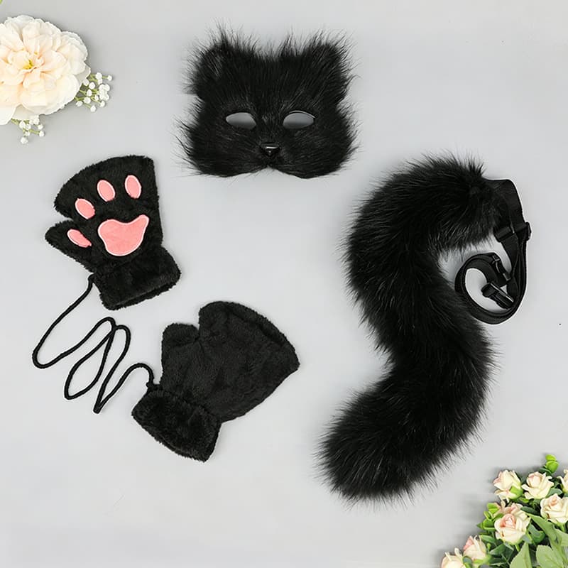 Cute Plush Fingerless Gloves Animal Tail Animal Ears Headband Cosplay Plush Mask Hair Accessory Fox Tail Set