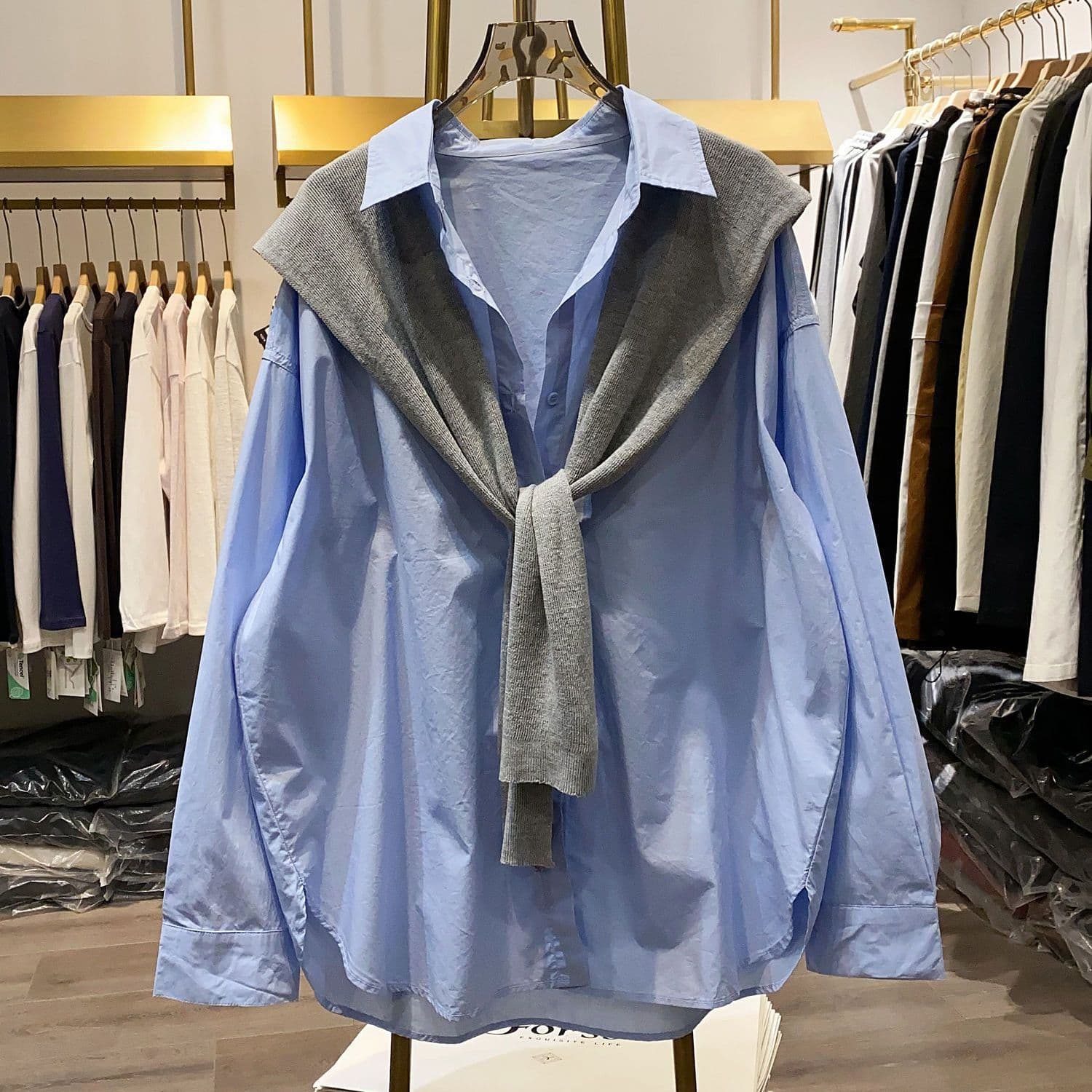 Korean Style New Loose Fit Solid Color Autumn 2026 Slimming Fashion Casual Versatile Color-Block Shawl Shirt