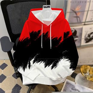 Niche Artistic Brushstroke Contrast Color Hoodie Men Red Black White Print High Street Fashion Loose Long Sleeve