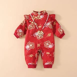 Baby Girl Autumn New Red Festive Bodysuit Rabbit Floral Pattern New Chinese Style Chinese Style Romper New Year Clothes