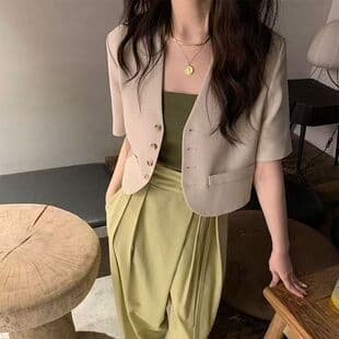 New Summer Thin Commuter Women's Short V-Neck Blazer Shirt Short Sleeve Blouse French Chic Top for Women
