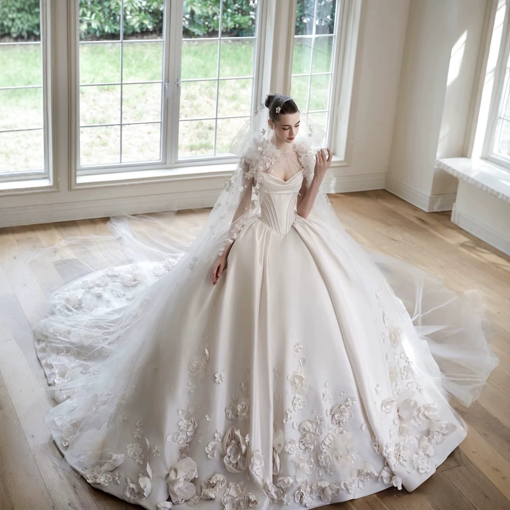 Wedding Dress Luxury Palace Style Premium Satin Wedding Gown 3D Floral Petals Cathedral Train Ceremony Dress