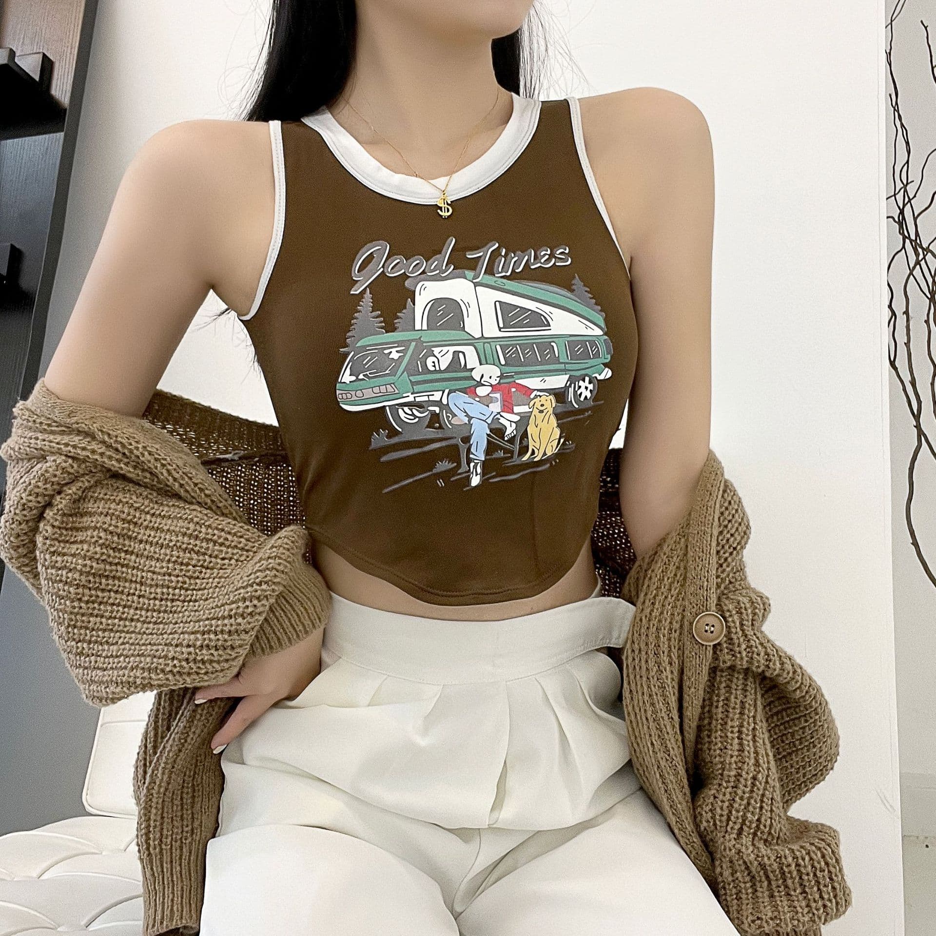 Clearance Sale Summer Going Out Vintage Print Vest with Built-in Pads for Women, Backless Crop Top Sleeveless Top