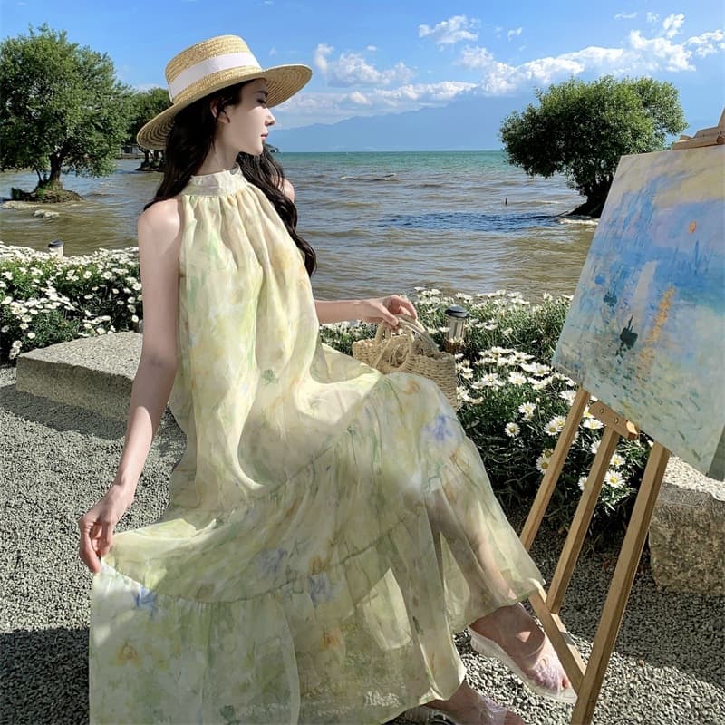 Beach Vacation Lotus Leaf Print Dress Women Summer Seaside Floral Halter Neck Long Dress Floral Maxi Dress