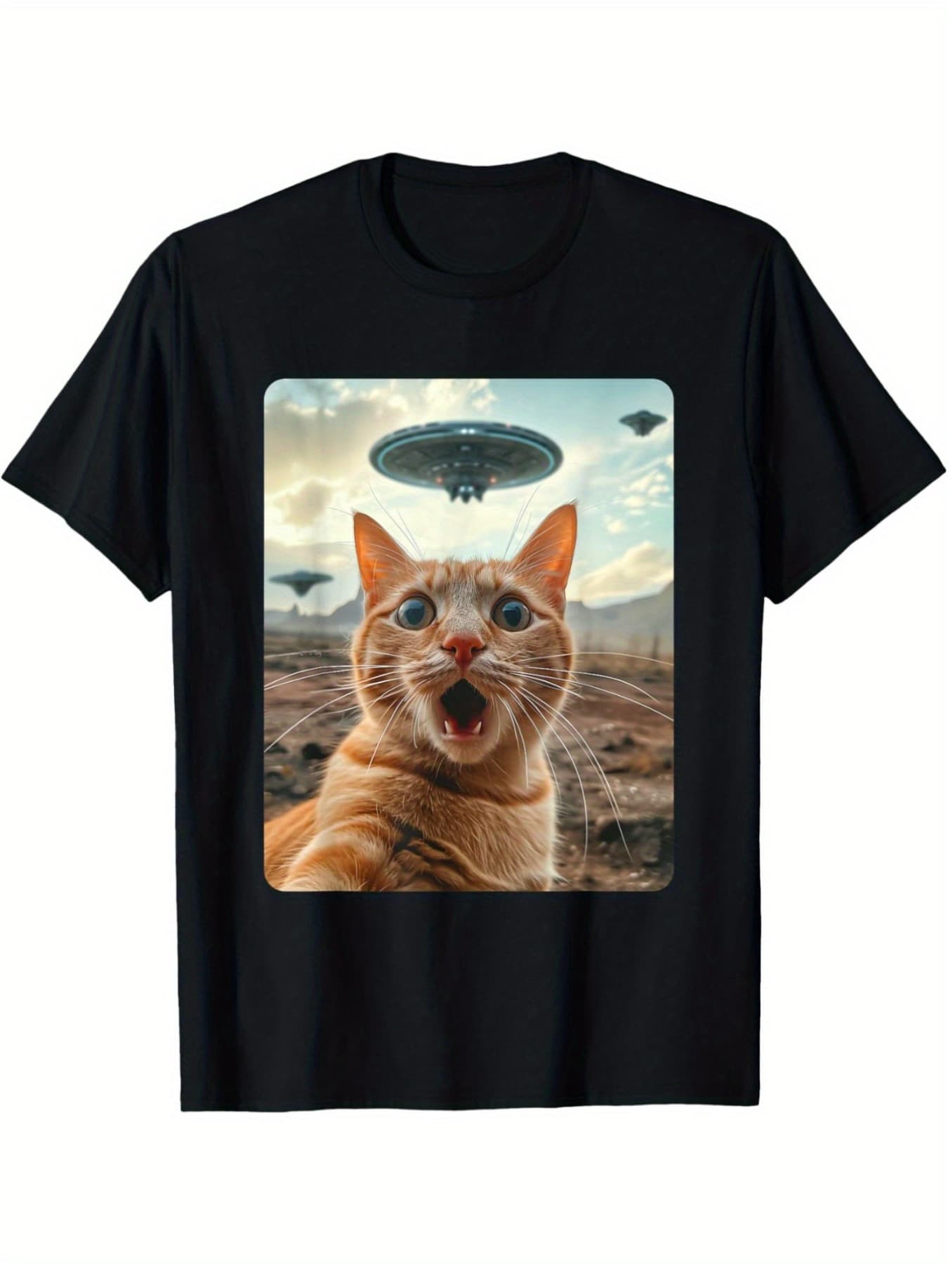 Funny Cat and UFO Graphic T-Shirts Unisex Top Women Clothes S