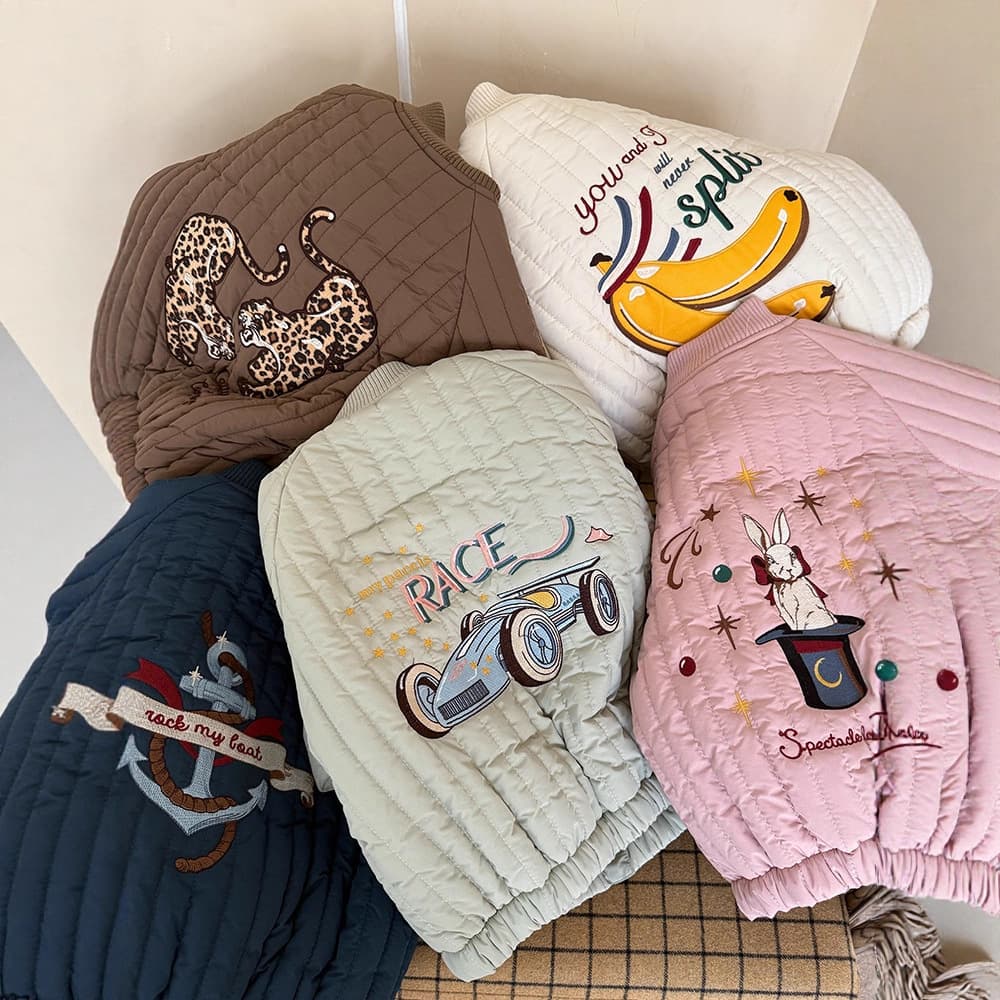 KS Style Embroidered Cartoon Cotton Jacket 2025 Winter Edition, Quilted with Rabbit Fur Lining Long Sleeve