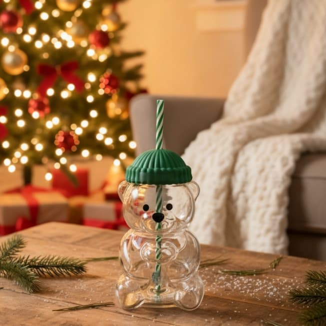Cross-border Straw Juice Cold Drink Cup Milk Coffee Bear Cup Christmas Hat Glass Cartoon Drinking Cup