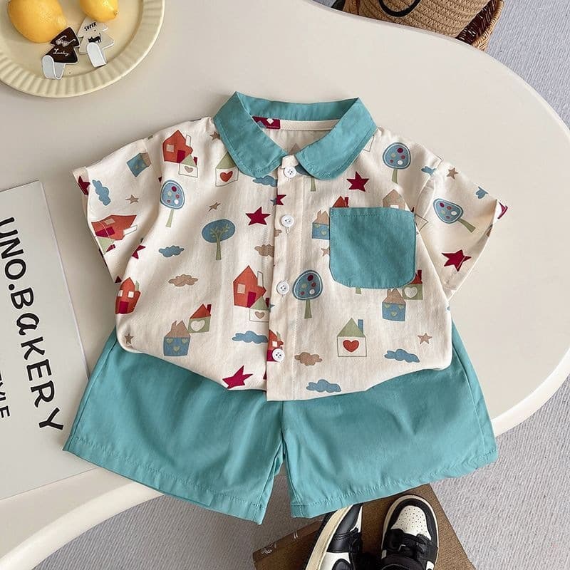 Boy Summer Trendy Turn Down Collar Shirt Suit New Style Baby Clothes Children Short Sleeve Two Piece Set Summer Handsome Fashion