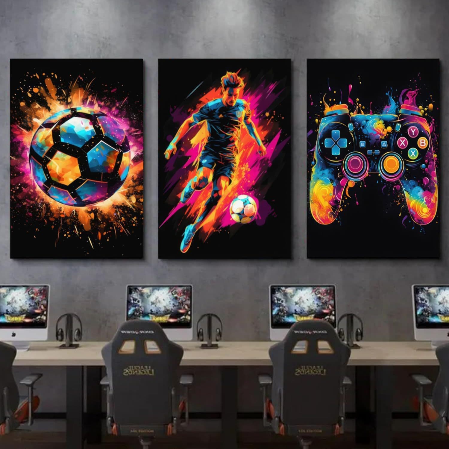 Triple Soccer Canvas Wall Art for Boys' Room Decoration, HD Canvas Print Spray Painting Hanging Picture