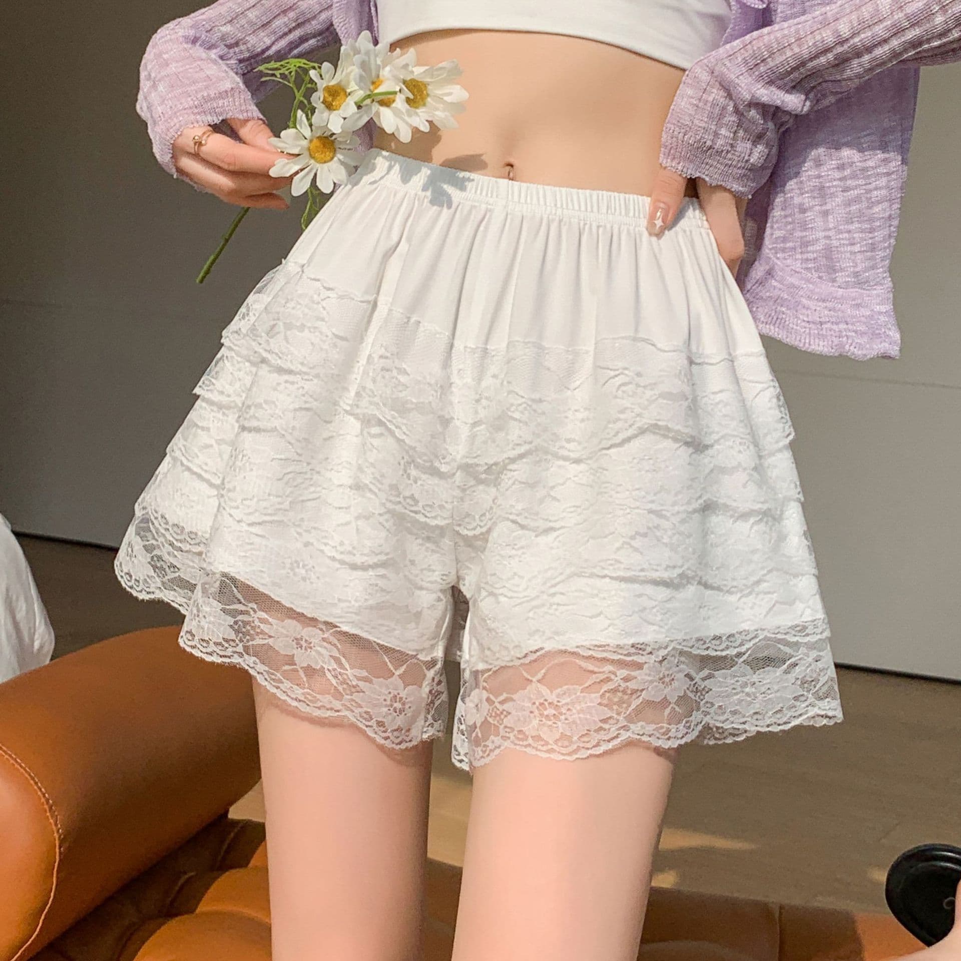JK Safety Shorts for Women, Anti-Exposure, Non-Curling, Loose Fit, White Lace, Summer Thin Style, Wearable at Home or Outdoors