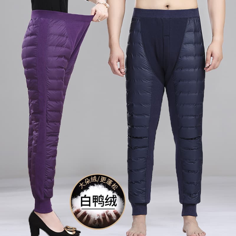 Down trousers for men and women, high-waisted, velvet, and thickening for parents, white duck down, cold-resistant, warm cotton trousers for winter