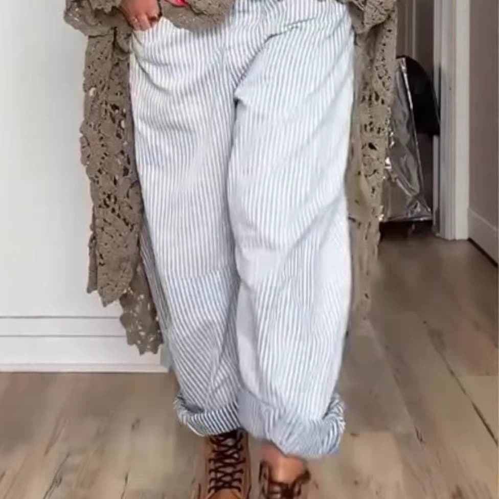 Amazon Independent Site 2026 New European and American Style Loose Casual Wide-Leg Pants Slim Fit Buttoned Striped Straight Pants