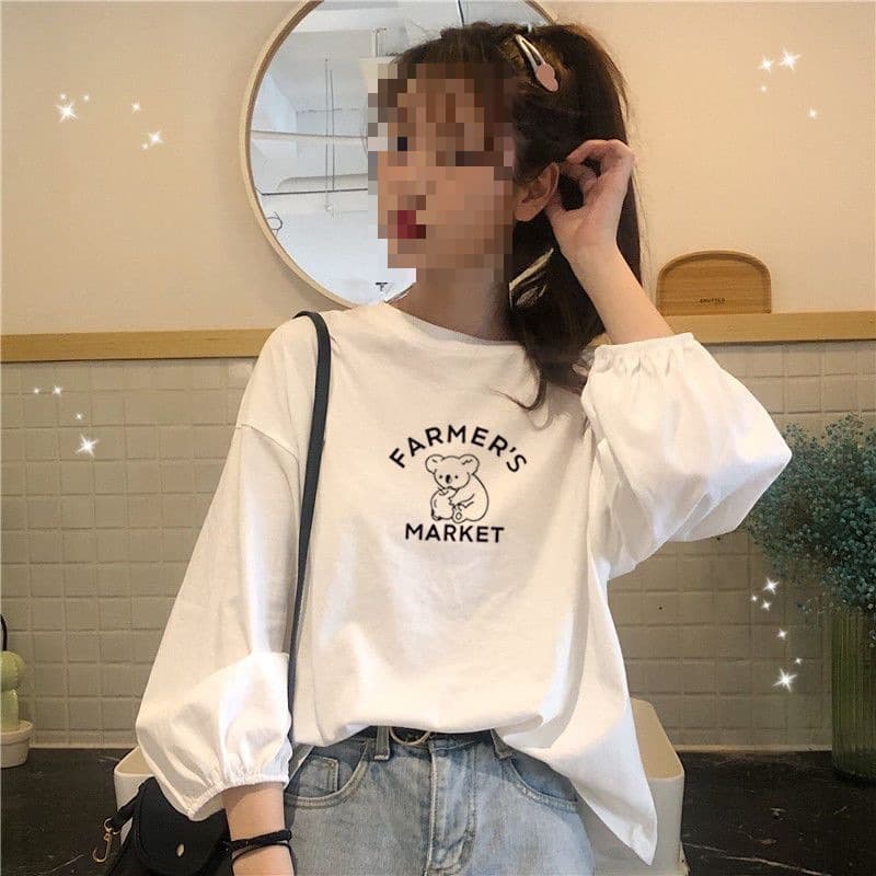 Cotton Long Sleeve T-shirt Women Autumn New Arrival Student Korean Style Loose Campus Style Versatile Lantern Sleeve Top