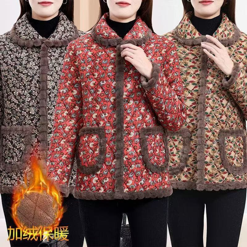 Winter fleece-lined thick elderly mother's cotton jacket, new Chinese-style loose coat with small floral print, warm cotton clothing for middle-aged and elderly.