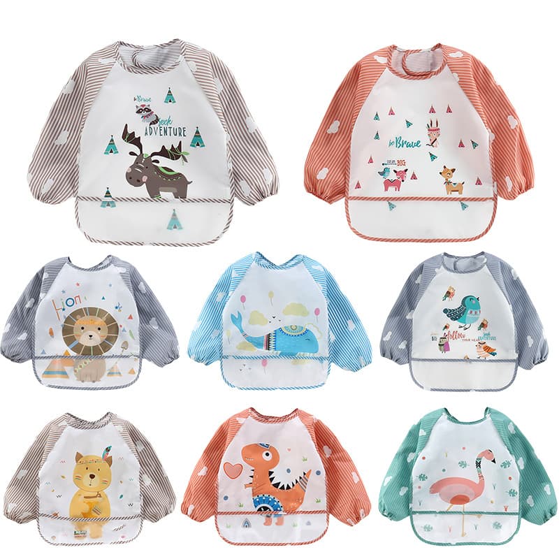 Unisex children's long-sleeved reverse wear smock for infants, combining bib and art apron functionality