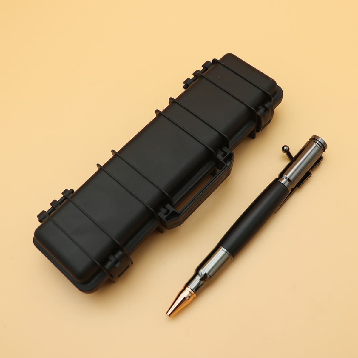Cross-border in-stock metal gun pen model, trigger-action machine gun ballpoint pen, black flip-top box gift pen set