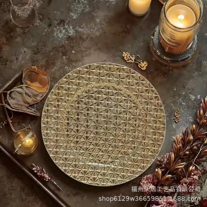 American Light Luxury Gold Rim Plastic Dinner Plate, Diamond Relief Charger Plate, Wholesale Source