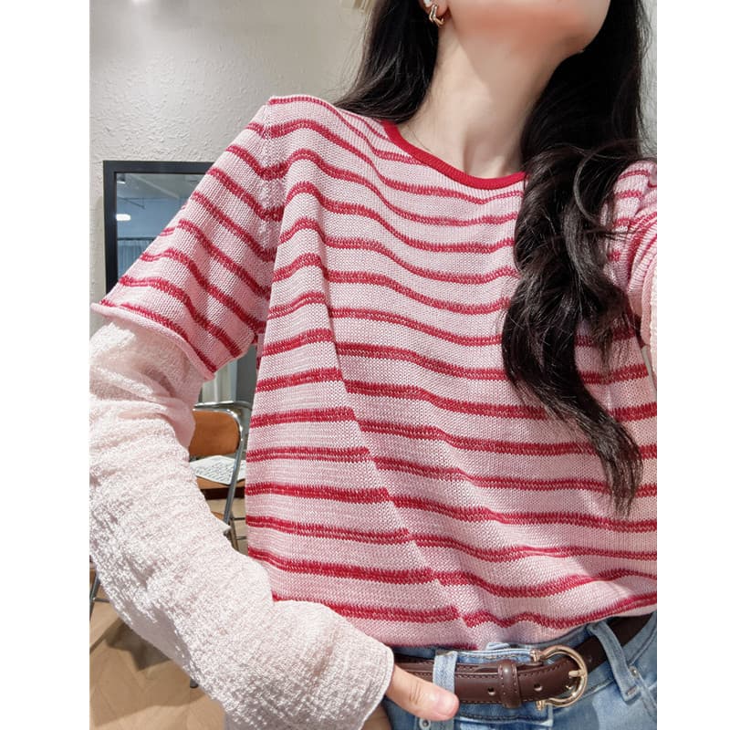 Zhizhi Berry/Sea Salt Cream: Youthful and Complexion-Enhancing! Linen Striped Round-Neck Knit Short-Sleeve Top for Women, Summer