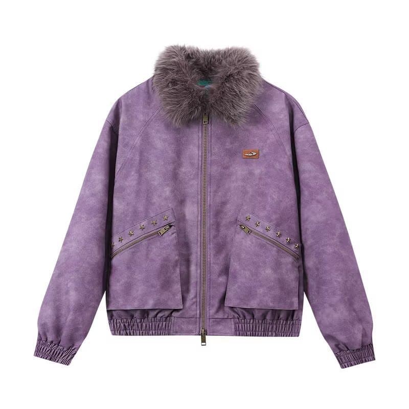 2025 New Fashionable American Retro Purple Coat for Women, Autumn and Winter, Fur Collar Leather Jacket, Loose and Casual Top