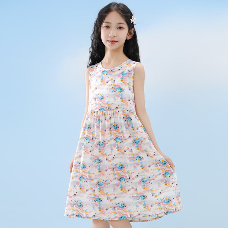 Cotton Silk Dress for Girls, Summer Strap Dress, Children's Dress, Baby Spring and Autumn New Slim-Fit Nightdress, Children's Pleated Dress
