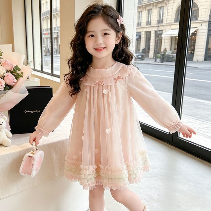 Girls Pink Heart Lolita Dress Spring Autumn Long Sleeve Princess Dress Children Mesh Tutu Dress Birthday Party Gown