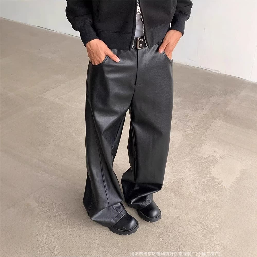 American Retro Loose Men's PU Leather Pants High-End Feel Vibe Straight Leg Casual Trousers Draping Long Pants Matte
