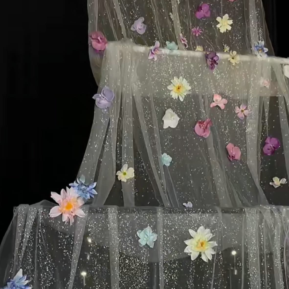 Outdoor veil factory scene setups with glitter mesh for wedding and birthday decorations.