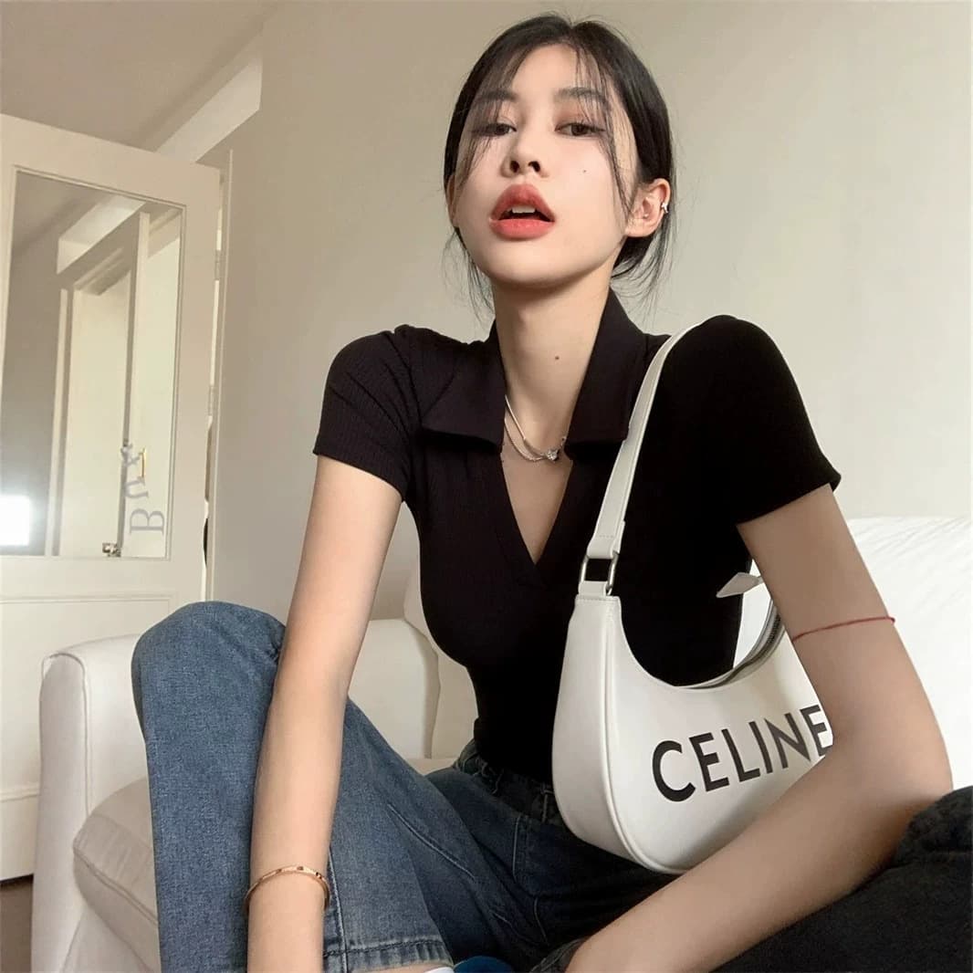 French-Style Polo Collar Short-Sleeve T-Shirt for Women, Spring and Summer Slim-Fit Slimming Base Shirt, Trendy Short Ins-Style Top