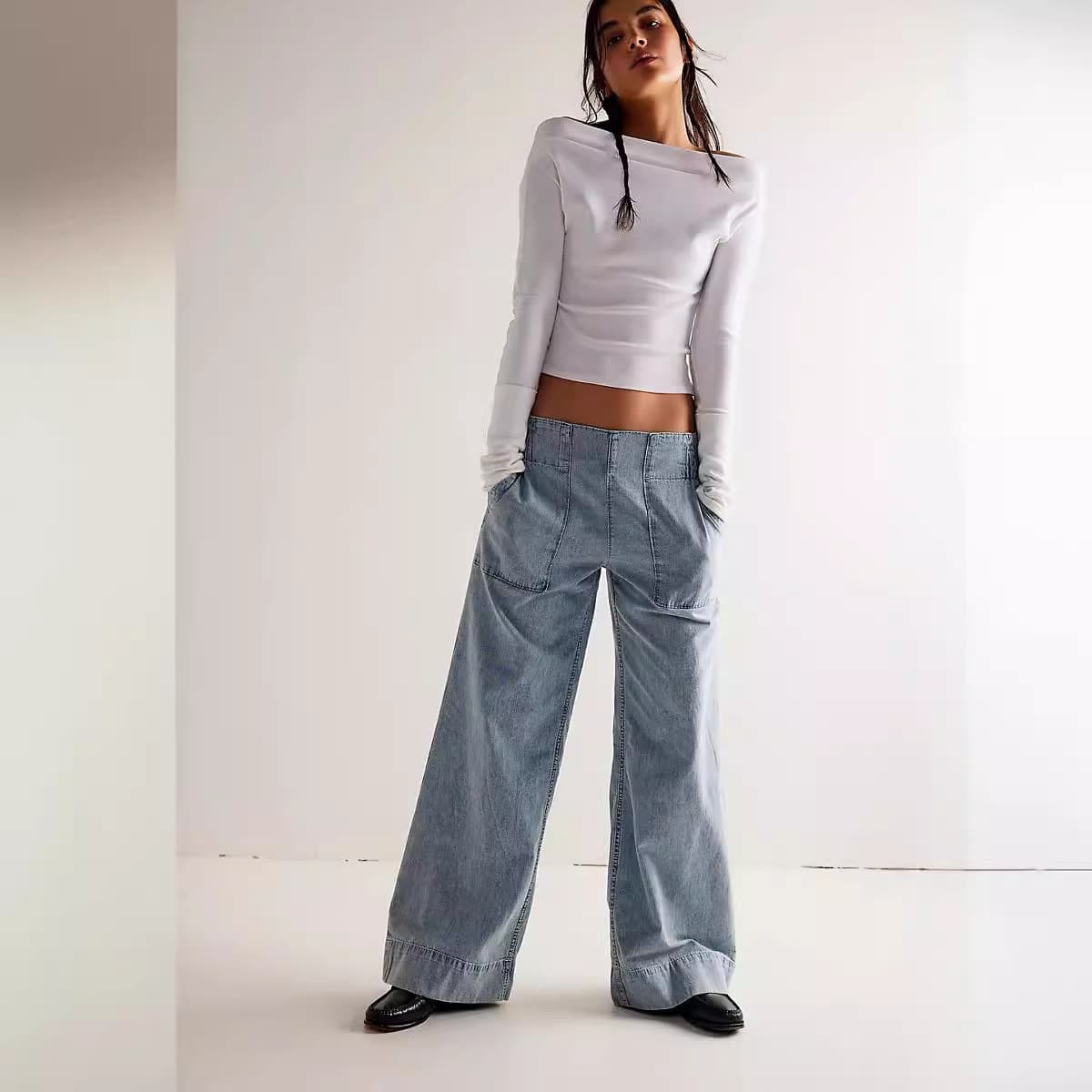 TK Amazon European and American Women's Fashion Trendy Low-Rise Non-Stretch Denim Jeans Ins Style Loose Fit Slimming Elastic Waist