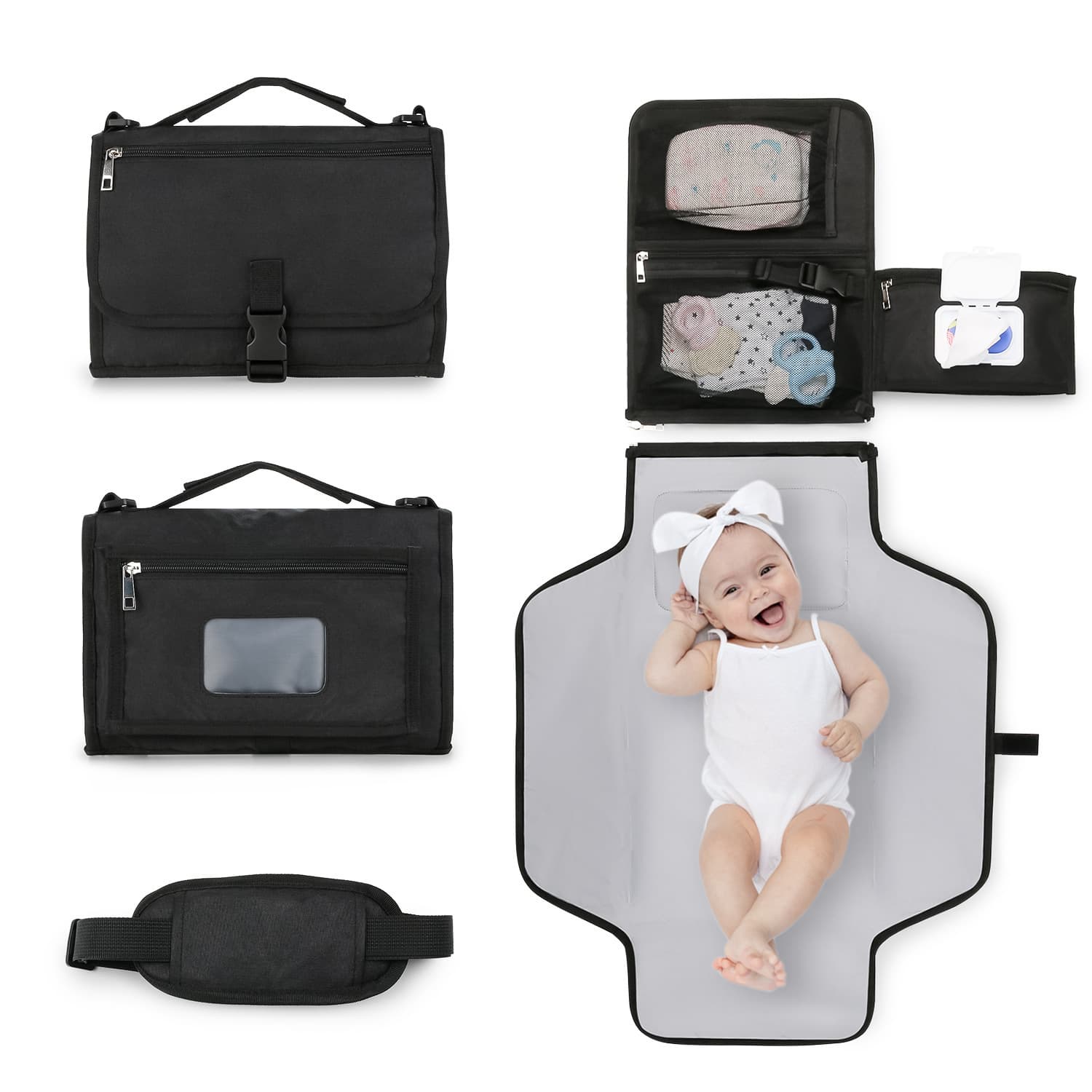 Portable Baby Changing Pad, Waterproof and Stain-Resistant, Foldable Diaper Bag with Stroller Hook, Compact Travel Pouch