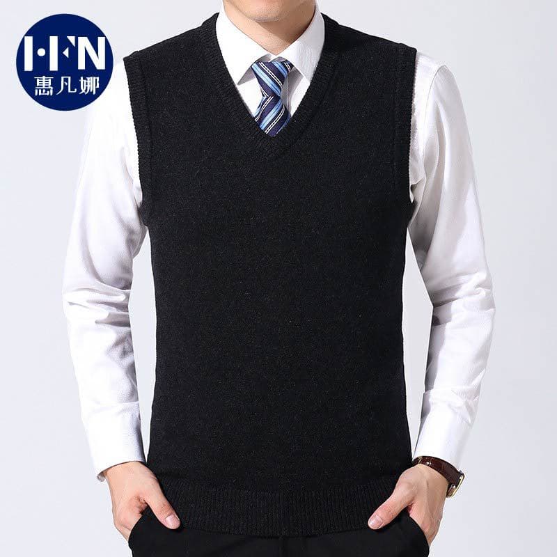 2024 Autumn New Men's V-neck Loose Wool Vest Solid Color Knit Sweater Men's Sleeveless Wool Vest