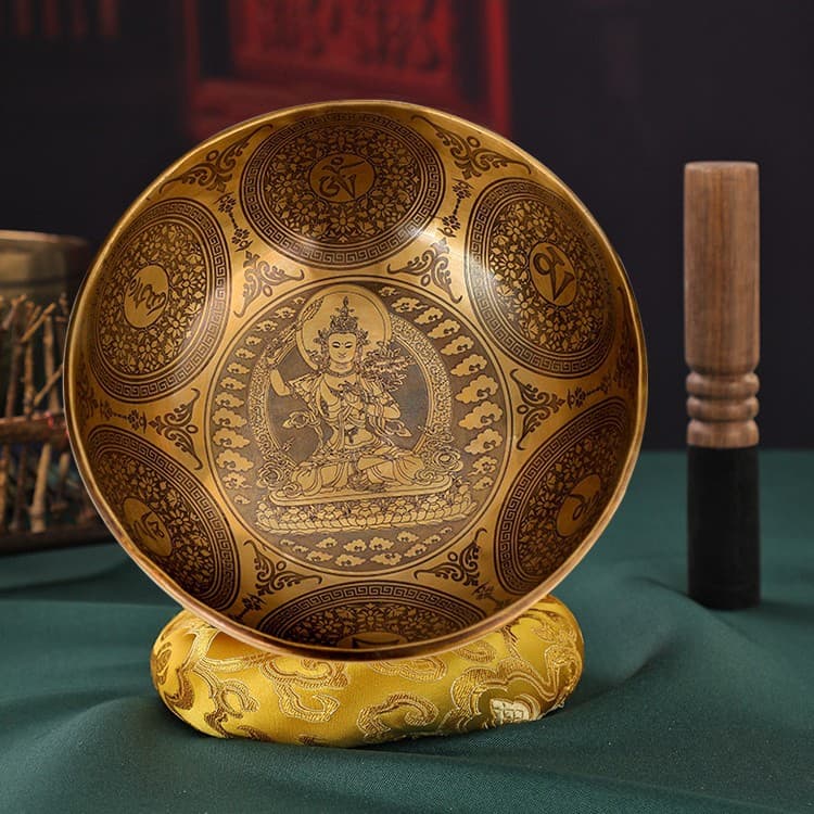 Nepal Handmade Singing Bowl Medicine Buddha Yellow Jambhala Buddha Statue Carved Bowl Copper Qing Buddhist Sound Bowl Tibetan Ritual Item Ornament
