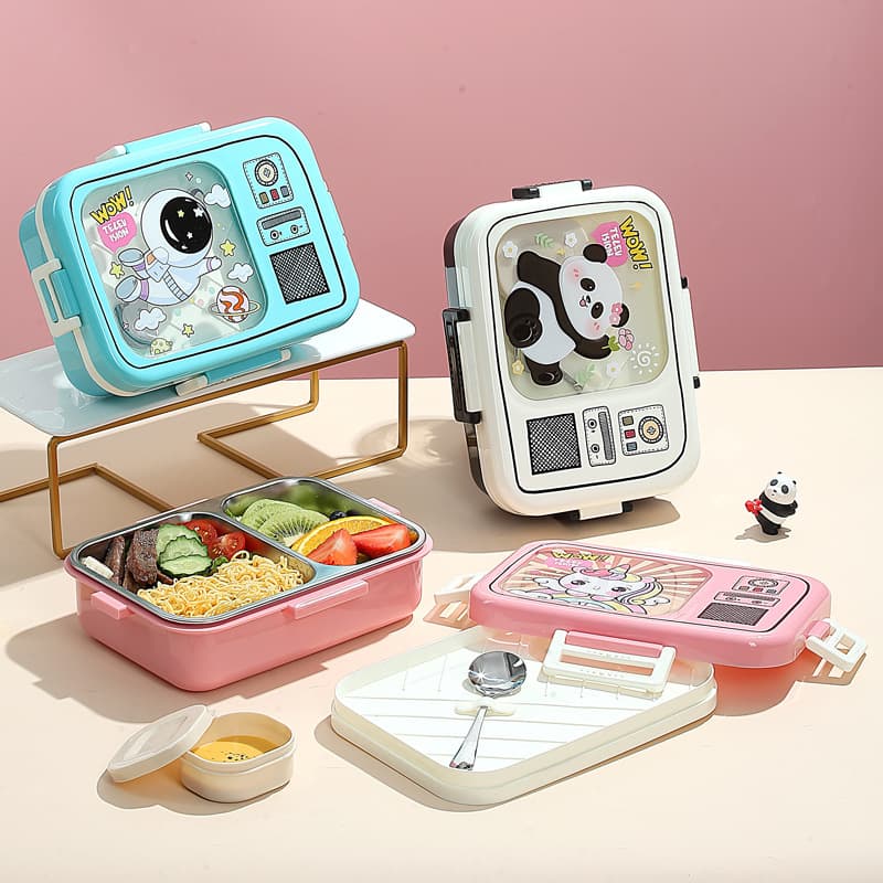 750ml two-compartment 304 stainless steel cartoon lunch box with cutlery food-grade student lunch box heatable lunch box