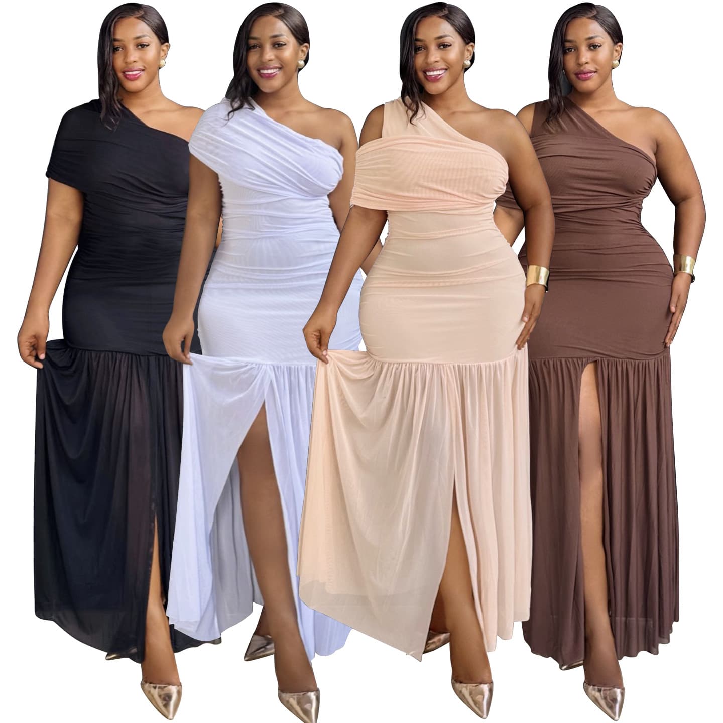 8213 European and American cross-border women's solid color sleeveless slope collar pleated slim slit long dress plus size evening dress
