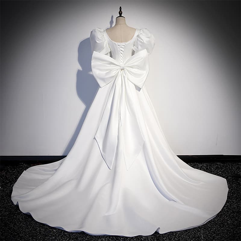 White Evening Gown for Women Banquet Wedding Train Satin Large Bow French Elegant Light Wedding Dress Summer