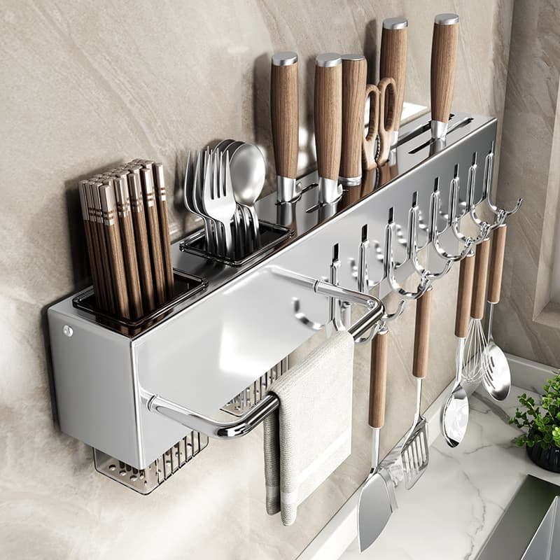 Stainless steel kitchen knife rack, multi-functional no-drill knife holder, chopstick holder, wall-mounted